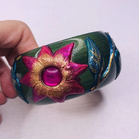 Bangle Hand Painted Flowers Pink Green Blue India IDL - Picture 2 of 9